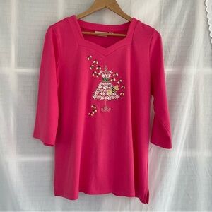 Quacker Factory Pink 3/4 Sleeve Embellished, Embroidered Top